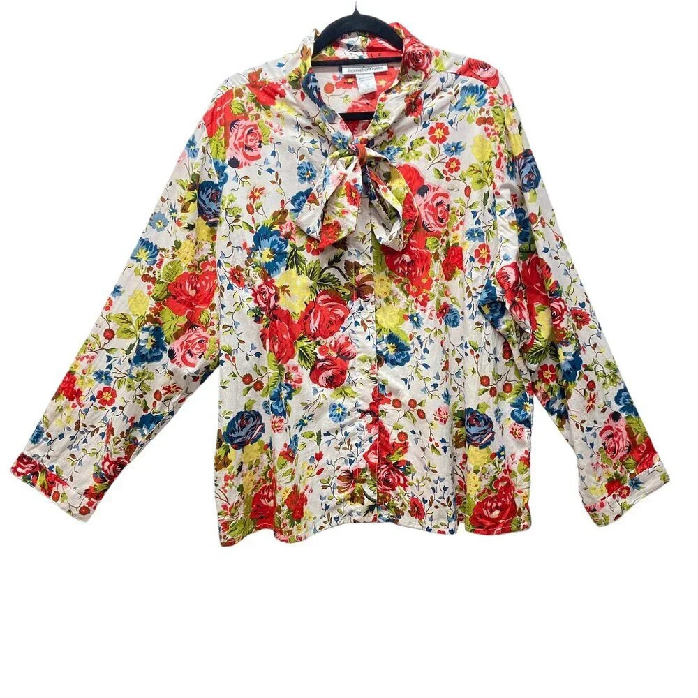 Serengeti Catalog Bright Floral Blouse, Size 2X, Cotton, Tie Bow, Office, Work